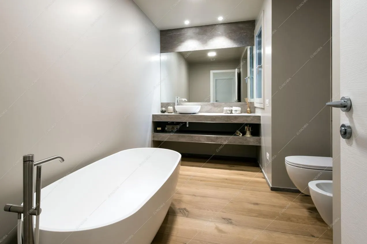 Bagno con vasca e pavimento in parquet