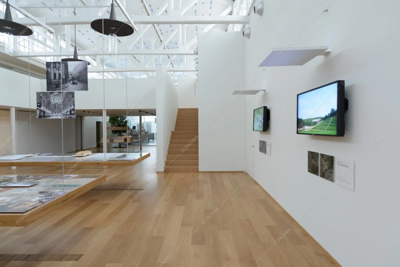 Pavimento in parquet, scale che portano al livello superiore