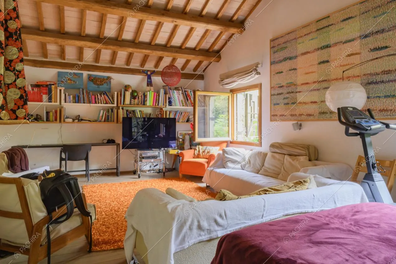 Salotto con televisore, tappeto arancione, divani e mensole con libri