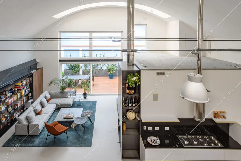 Vista sulla zona living del loft Genepi, location in stile contemporaneo a Milano