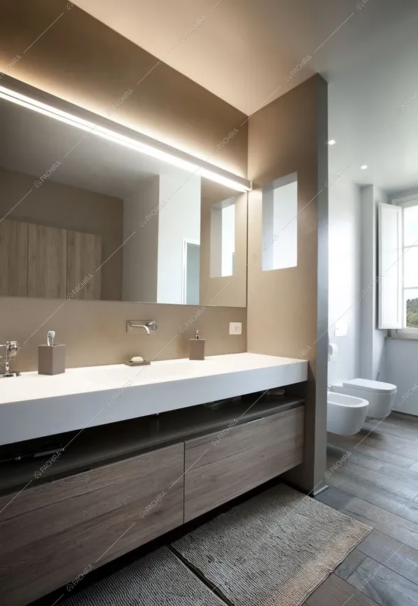 Bagno moderno con pavimento in parquet