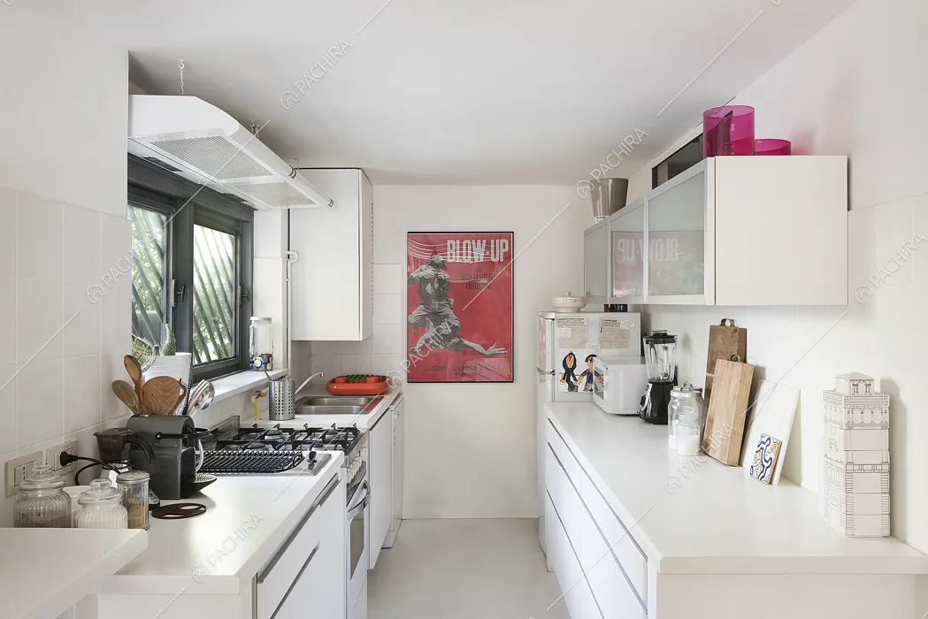 Cucina a parete bianca con finestre sul giardino