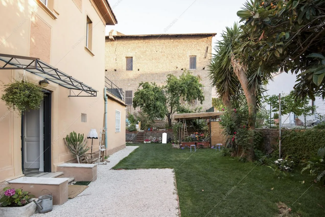 Grandi piante nel giardino e giochi per bambini