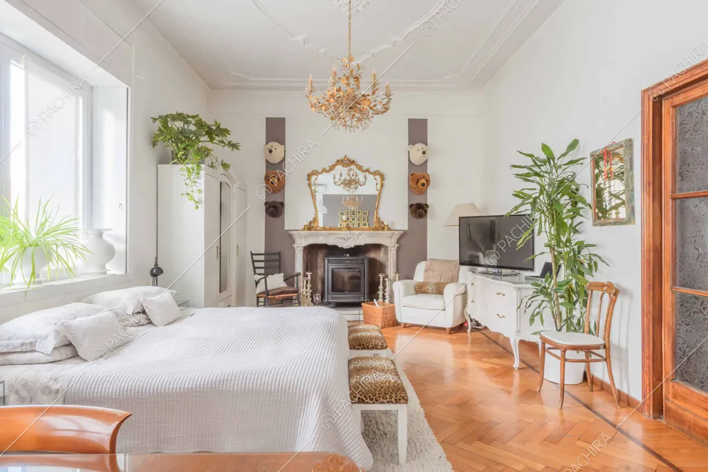 Grande camera da letto matrimoniale con camino e boiserie sul soffitto bianco