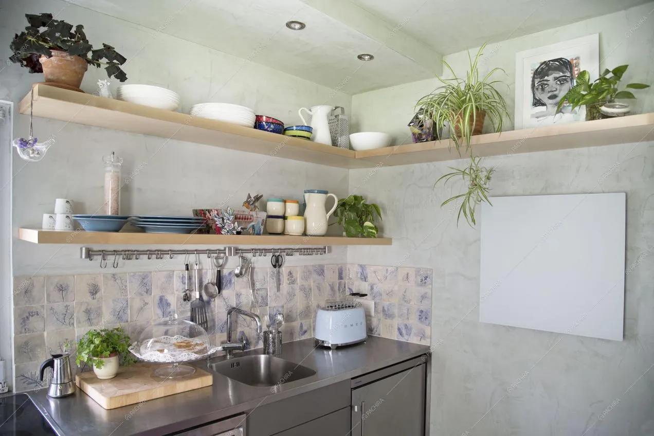 Cucina in acciaio a parete con ripiani in legno con piante