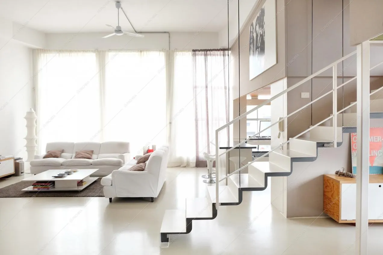 Il salotto con le ampie vetrate del loft total white