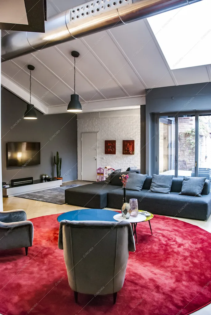 Loft moderno con tappeto rosso in velluto