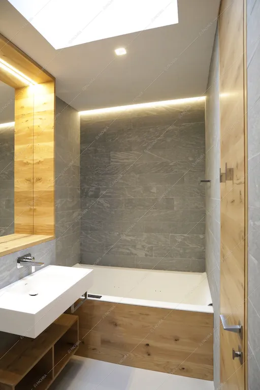 Il bagno in pietra e legno