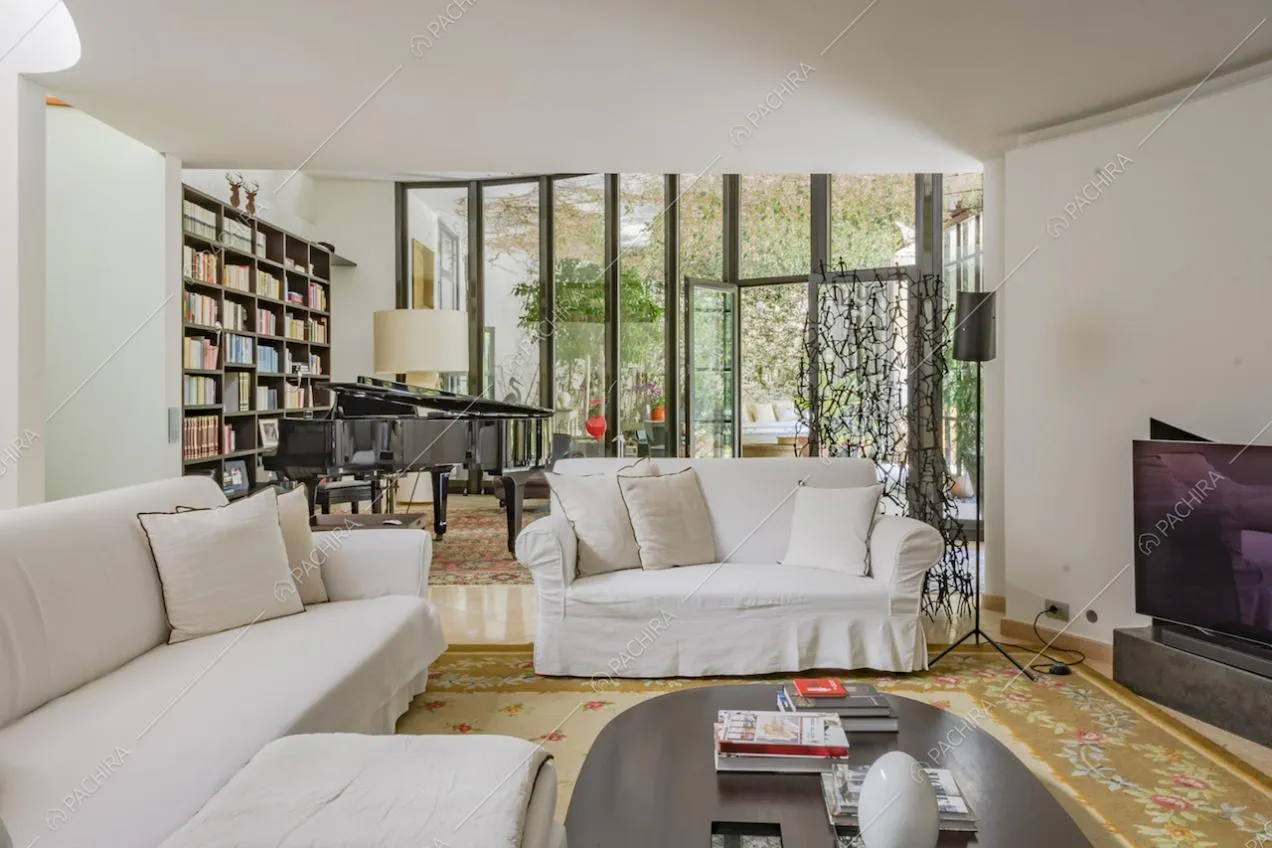 Divani bianchi, grande tappeto decorato e televisore