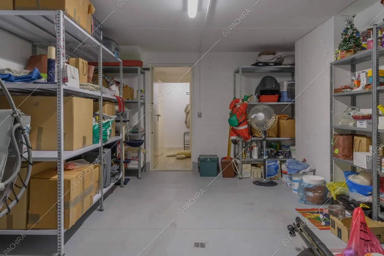 Garage con scaffali in metallo, pavimento in cemento e ingresso nella camera con parete blu