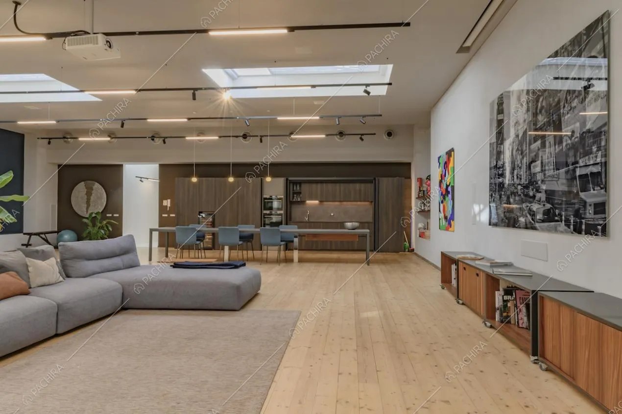 Sala con divano angolare grigio e pavimento in parquet illuminata da lucernari