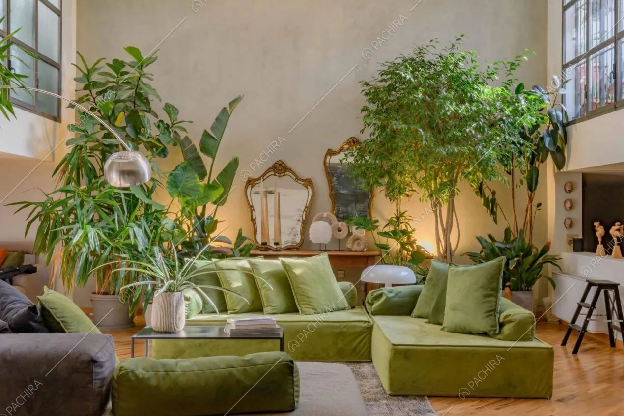 Divano verde angolare, mobile con specchi dalle cornici antiche e pavimento in parquet