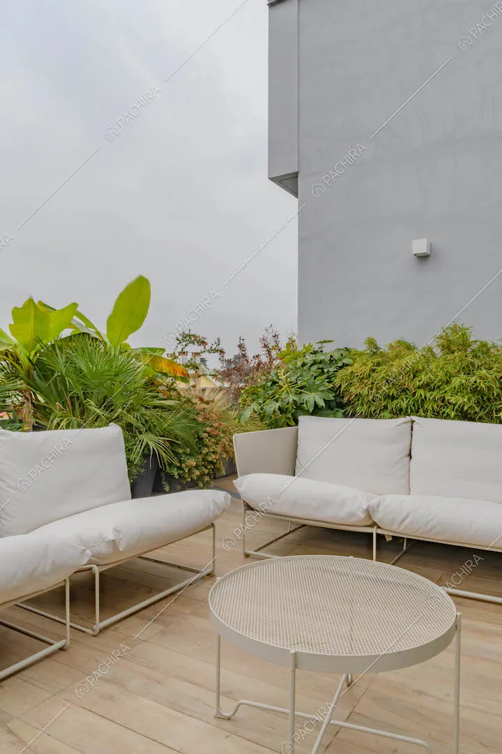 Divani bianchi sulla terrazza con piante e pavimento in parquet