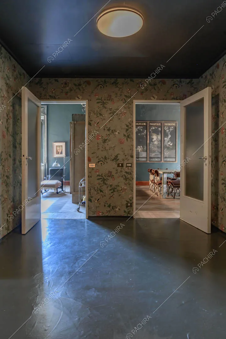 Atrio con pavimento e soffitto blu, carta da parati e vista su camera da letto e salotto