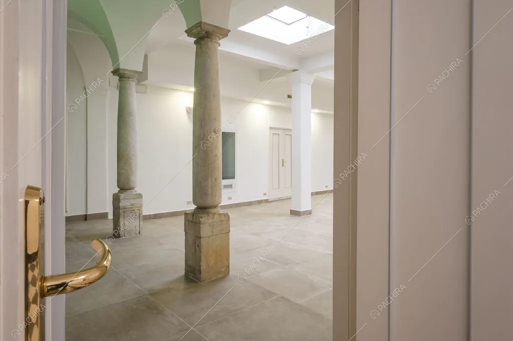 Porta del salone con colonne, lucernari e pareti bianche