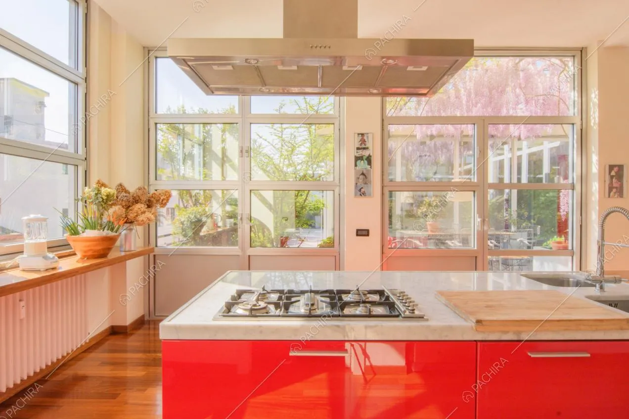 Fornelli a gas sull'isola della cucina con fornelli a gas, pavimento in parquet e vetrate