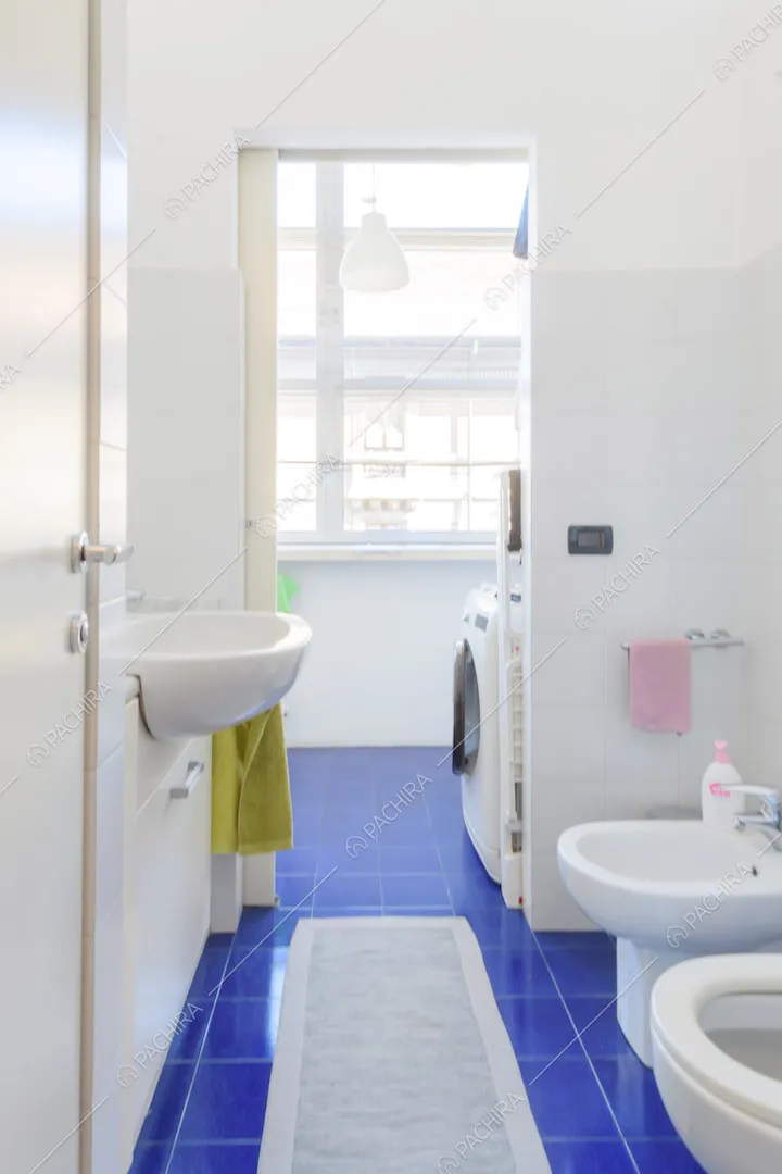 Luminoso bagno con pavimento in piastrelle blu e pareti bianche
