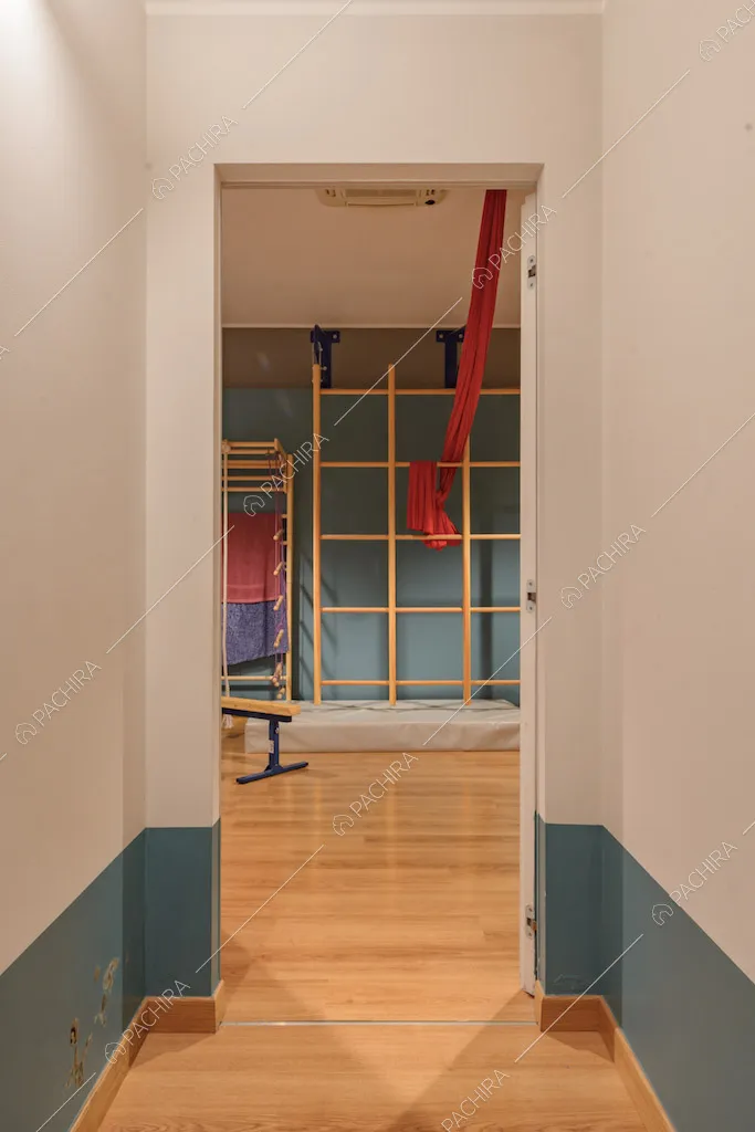 Dal corridoio vista sulla palestra con pavimento in parquet, trave e quadro svedese