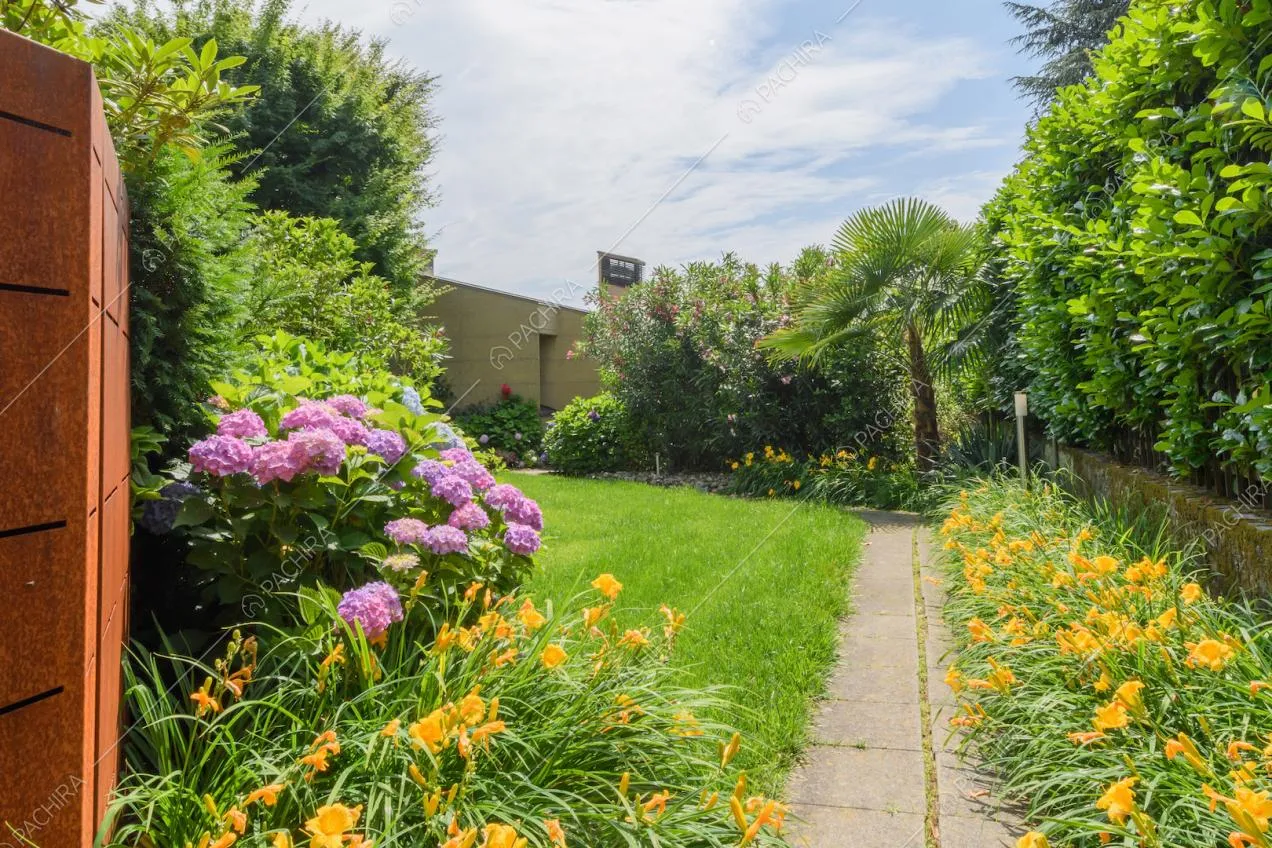 Grande giardino con piante, fiori colorati e vialetto