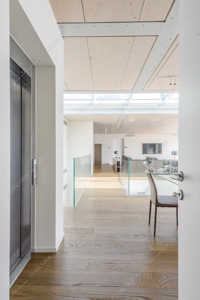 Grande sala con soffitto in legno, pavimento in parquet e ascensore