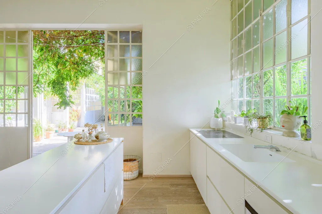 Fornelli a induzione nella cucina a parete nella zona living con pavimento in parquet
