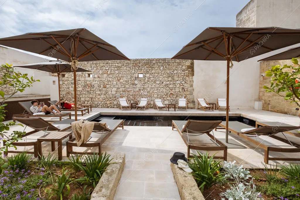 Aiuole e vista sulla piscina nel giardino della villa