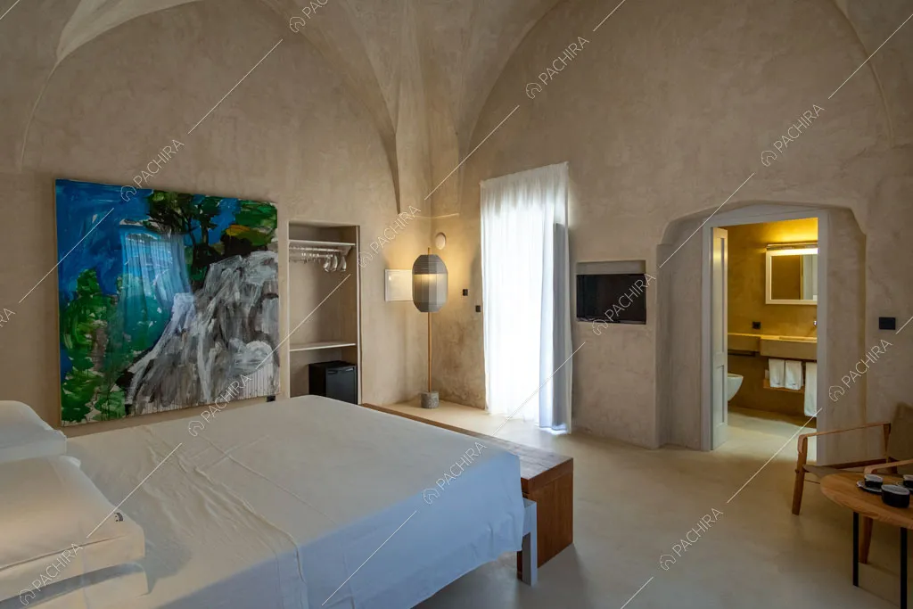 Volte sul soffitto della camera da letto con vetrata, quadro e bagno privato