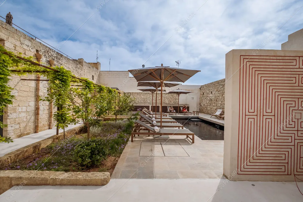 Opera d'arte nel cortile con piante, piscina e lettini