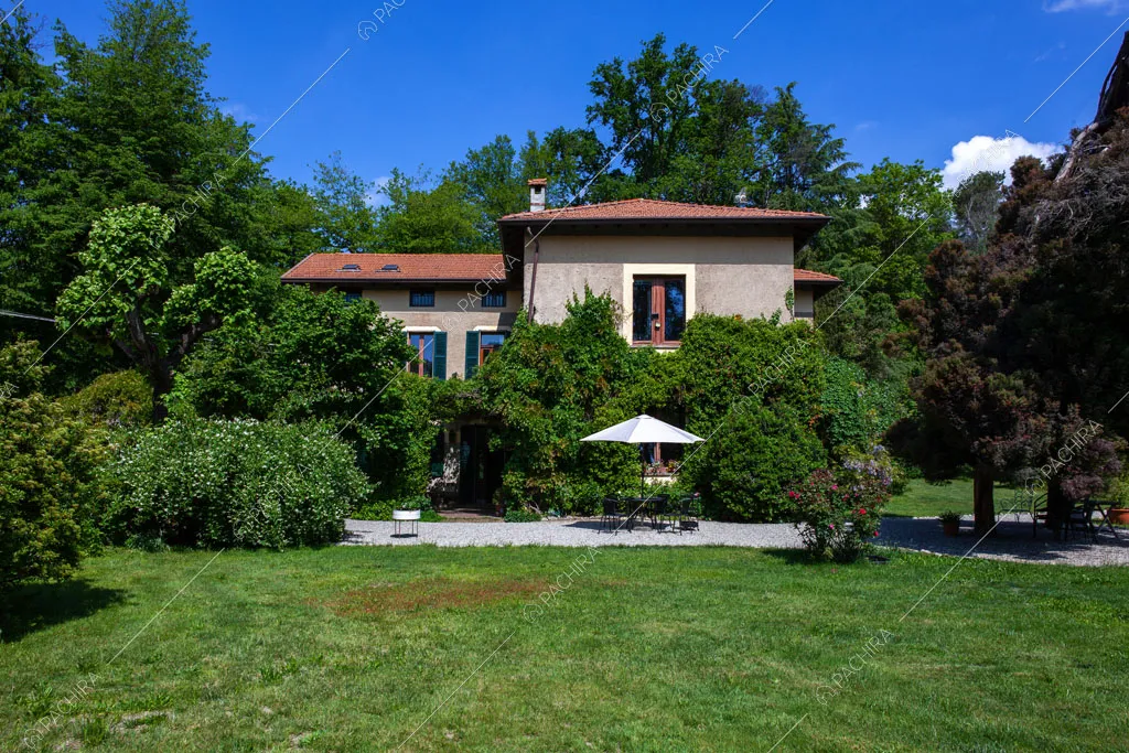 Dal grande parco con alberi vista sul vialetto e gli esterni grigi della villa
