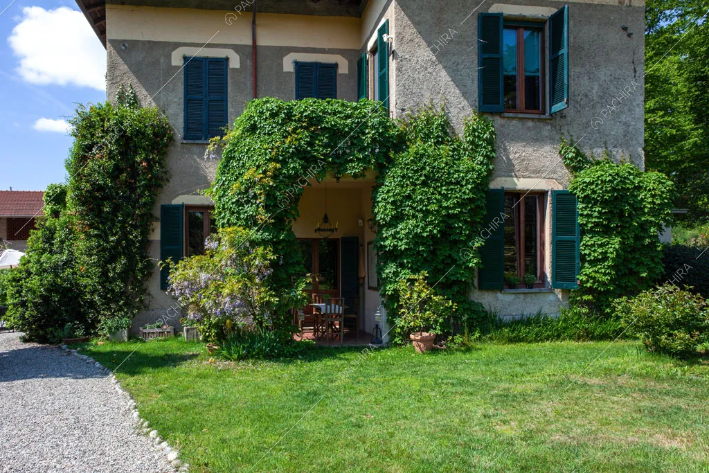 Dal giardino vista sugli esterni grigi con persiane verdi e rampicanti