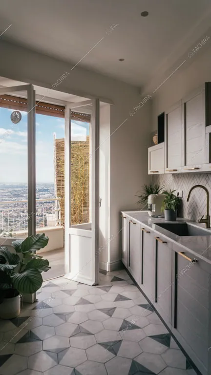 Cucina a parete con vista sullo skyline nell'appartamento Granadella, location in stile contemporaneo a Roma