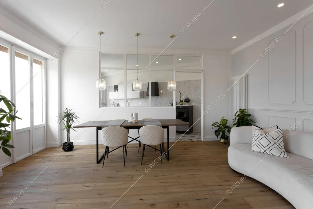 Pavimento in parquet nella zona living dell'appartamento Granadella, location in stile contemporaneo a Roma