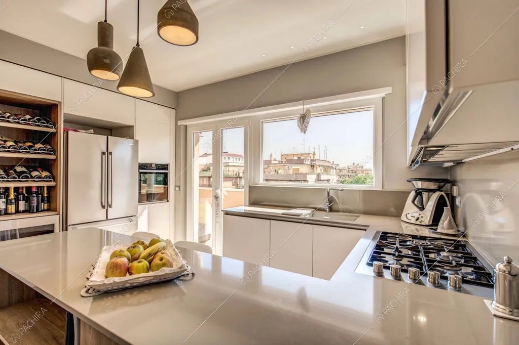 Cucina con fornelli a gas dell'appartamento Crassula, location in stile moderno a Roma