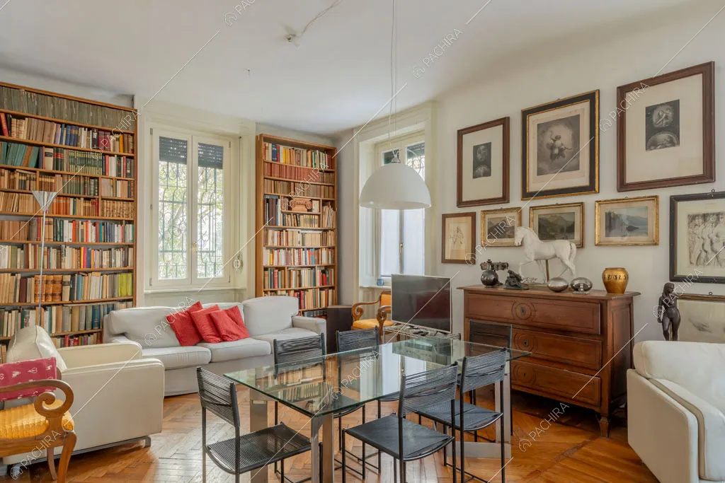 Zona living della villa Oglio, location in stile moderno a Milano