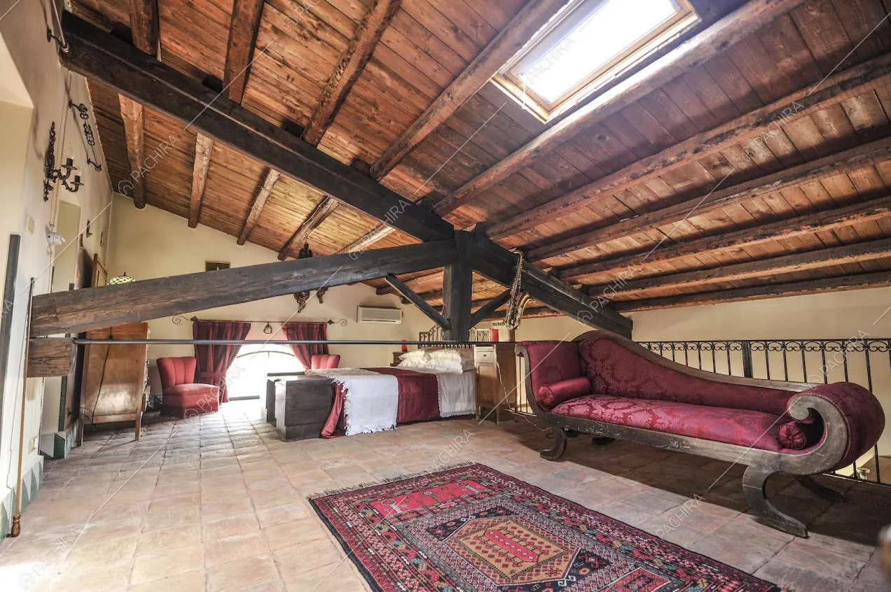 Sottotetto con travi a vista in legno, divano particolare, pavimento in cotto e tappeto
