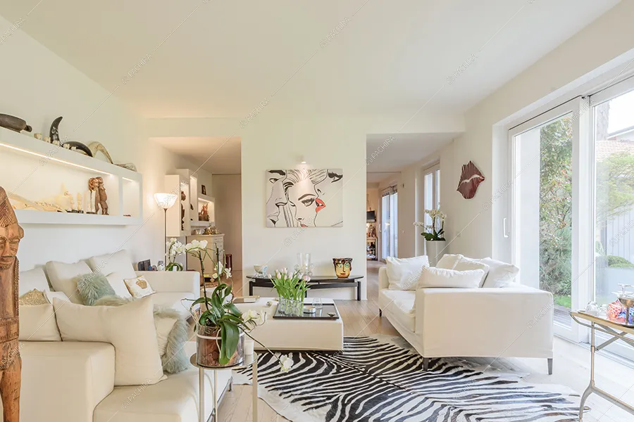 Zona living della villa Nilo, location in stile moderno a Milano