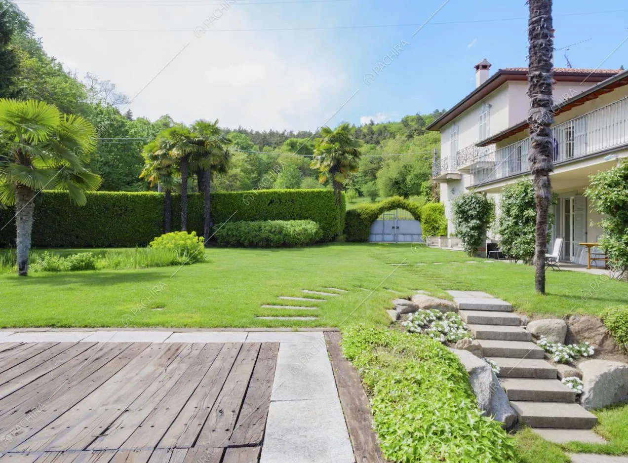 Splendido giardino della villa con scale in pietra, palme e vista sugli esterni