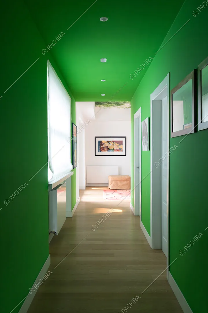 Pareti verde acido del corridoio con pavimento in parquet