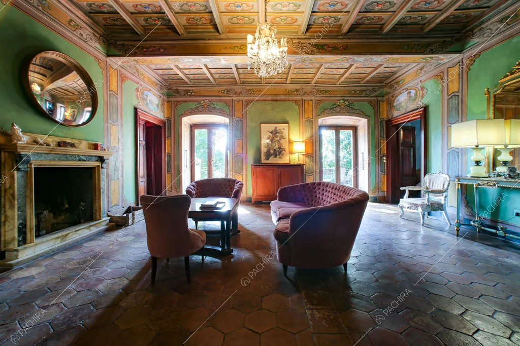 Luminoso salotto con soffitto a cassettoni, pareti affrescate, camino e pavimento in cementine