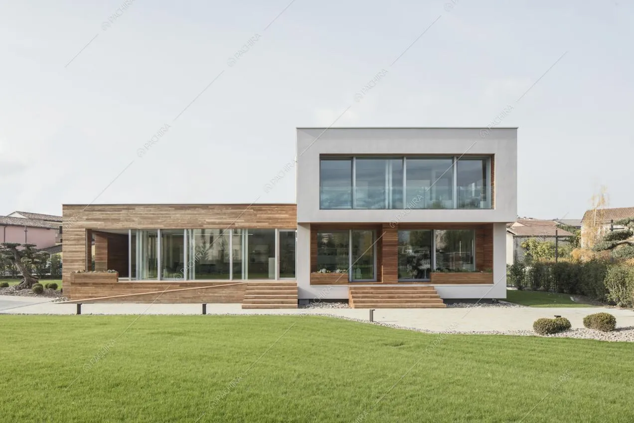 Dal curatissimo giardino privato, vista sulle scalette, sulla salita di accesso in legno e sulle vetrate della villa