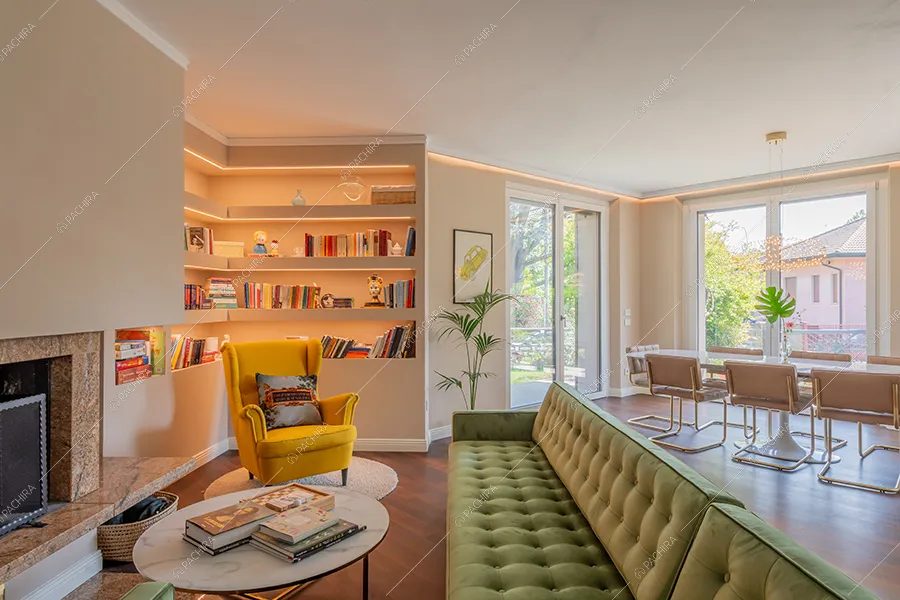 Zona living della villa Gange, location in stile contemporaneo a Milano