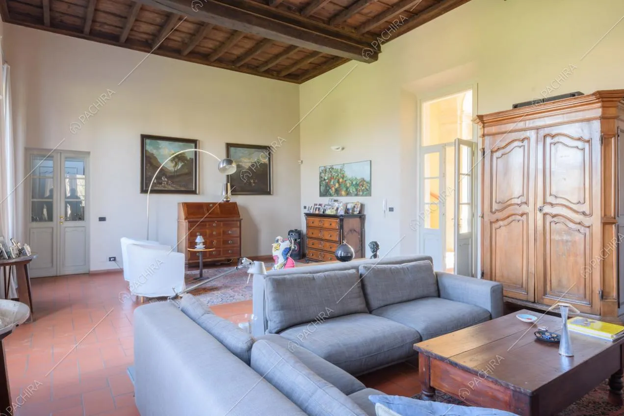 Divani grigi nel luminoso salotto con soffitto a cassettoni e porte a vetri