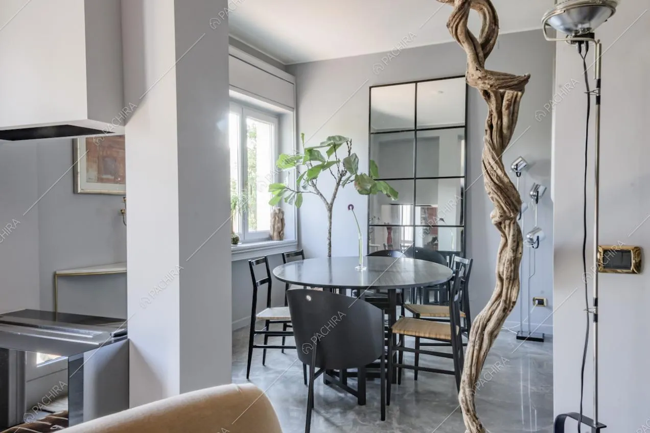 Zona pranzo con tavolo nero e pianta in vaso