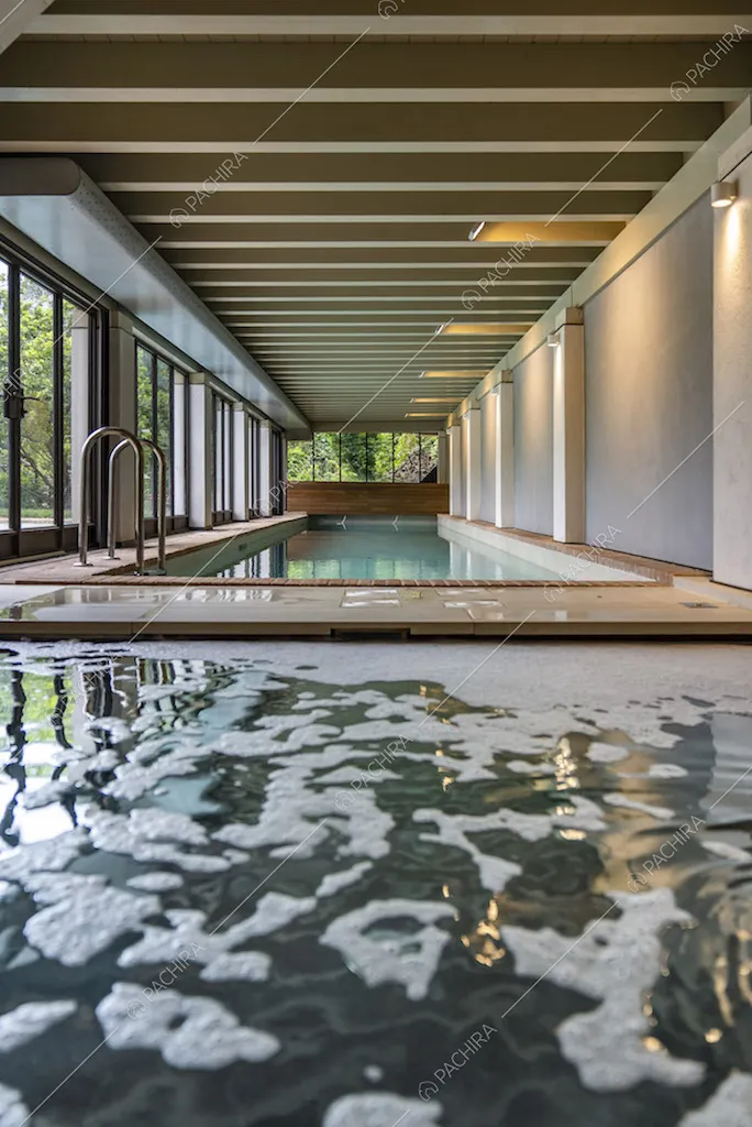 Piscina interna con scaletta e travi a vista