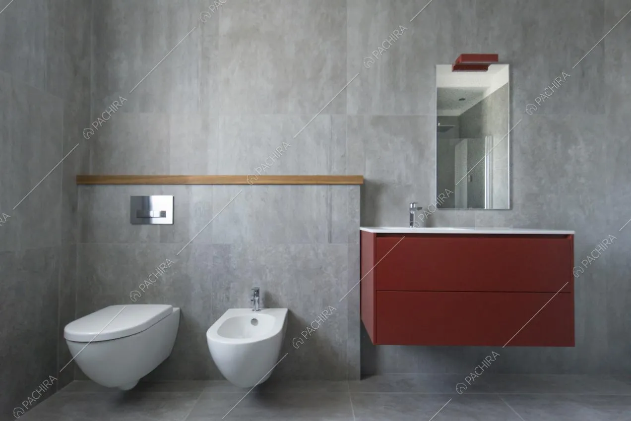 Nel bagno grigio sanitari e mobile bagno sospeso e rosso