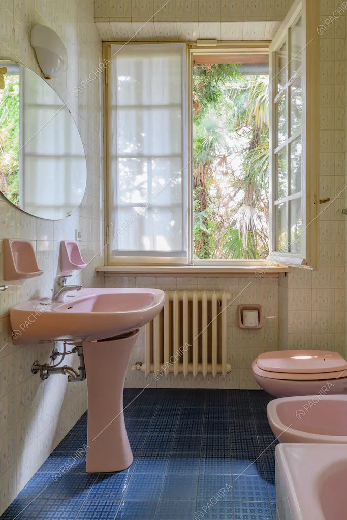 Sanitari rosa nel bagno con pavimento in piastrelle blu