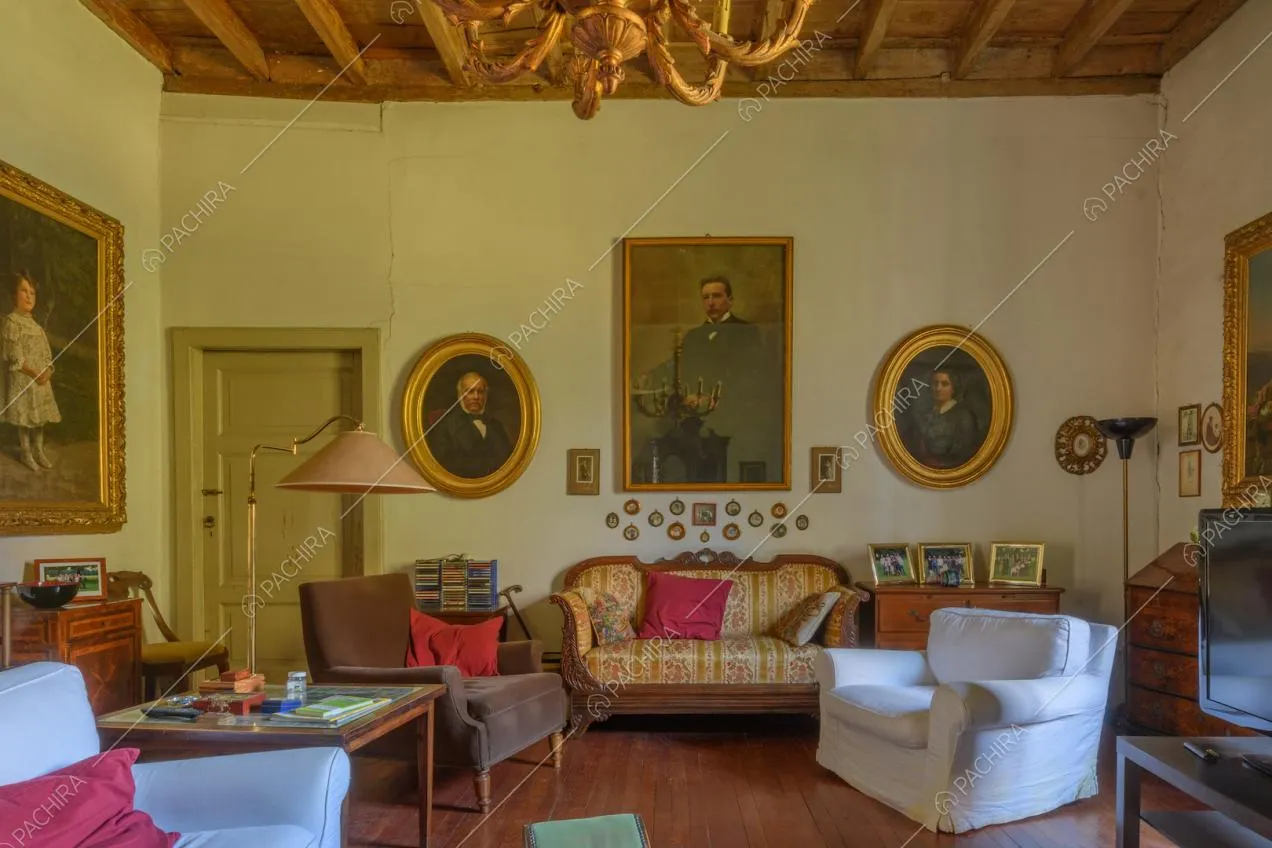 Luminoso salotto con pavimento in parquet, soffitto a cassettoni, divanetti e poltrone