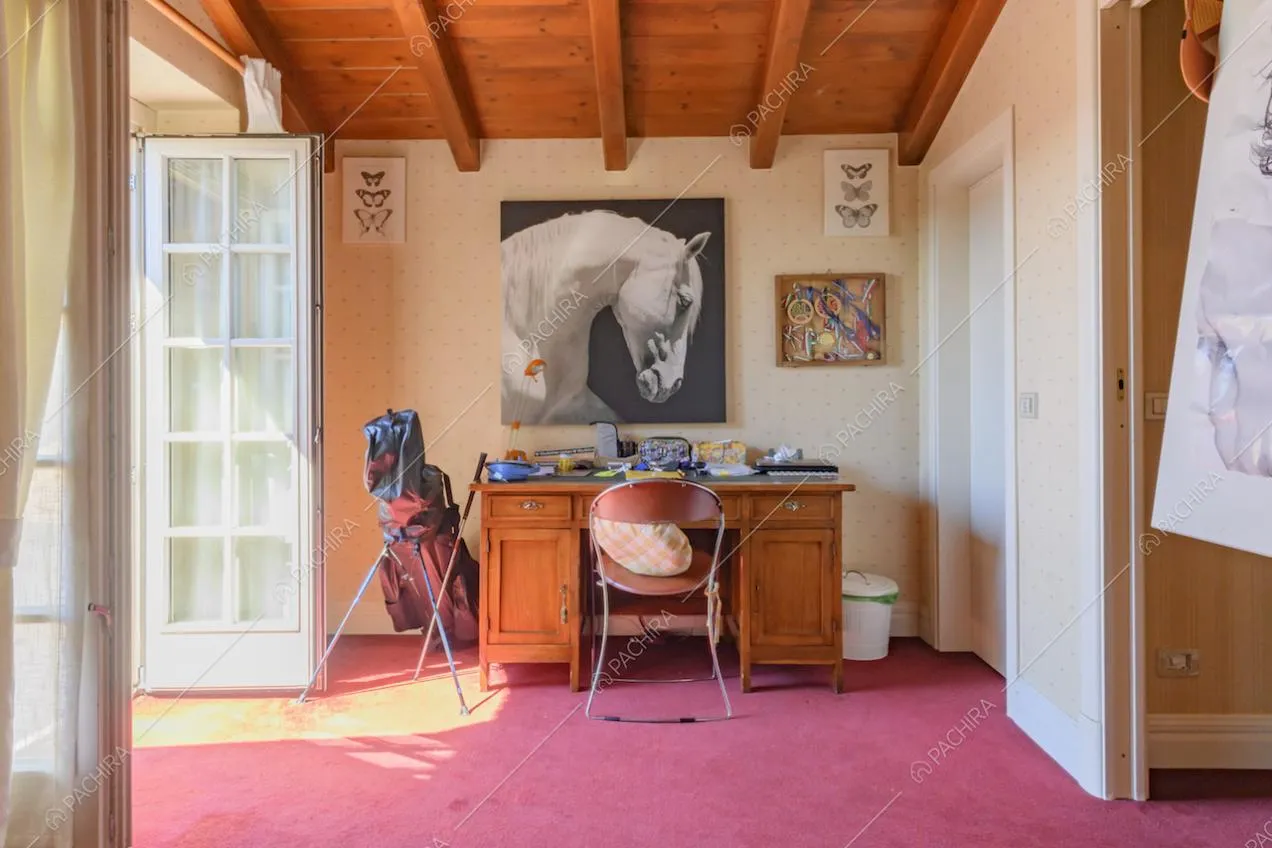Studio con scrivania in legno, moquette e quadri appesi alla parete