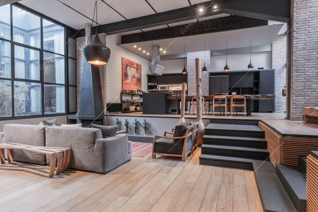 Luminosa sala del loft Berillio, location in stile contemporaneo a Roma