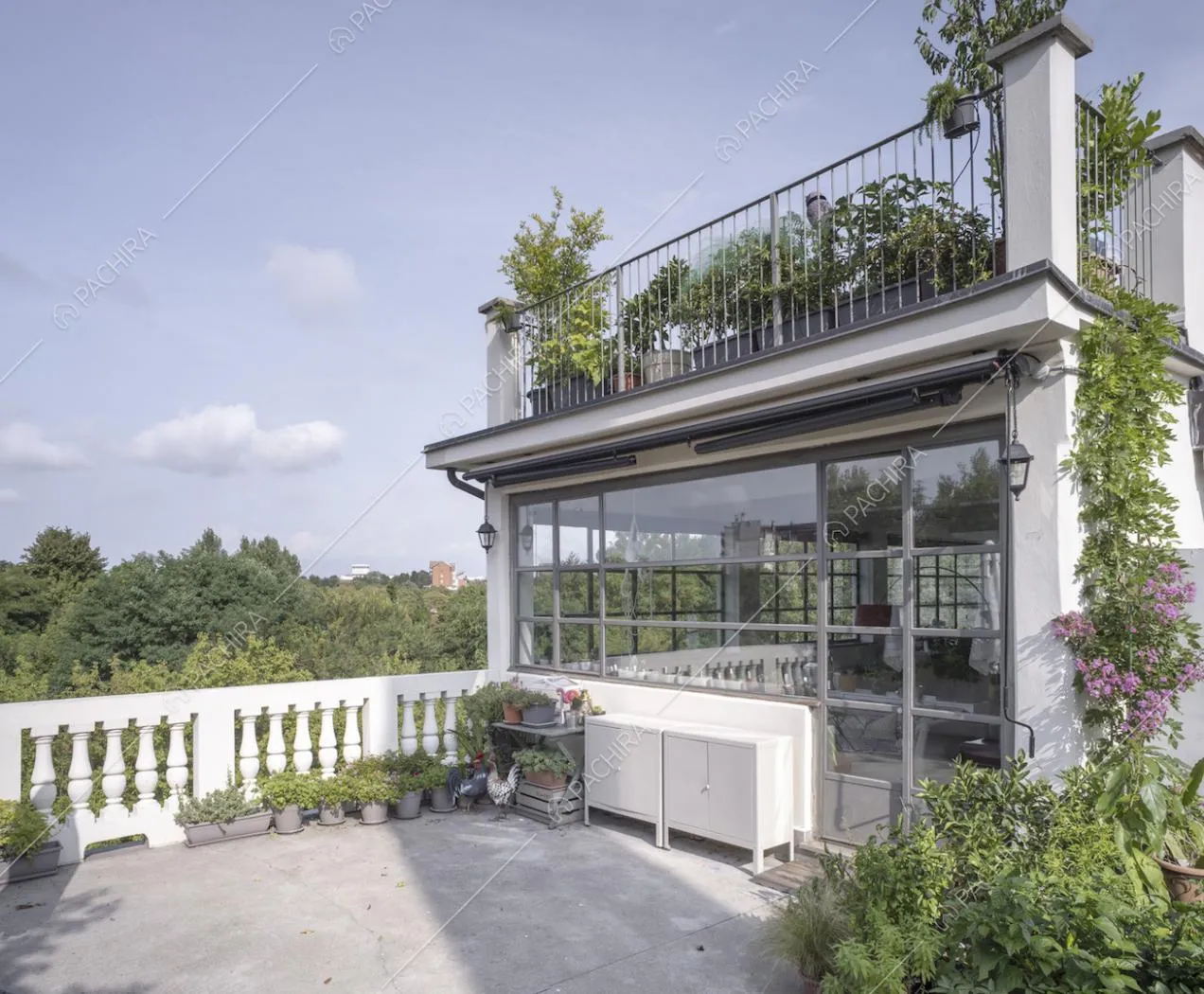 Dalla terrazza vista su quella superiore, sul parco e sulla finestra industriale